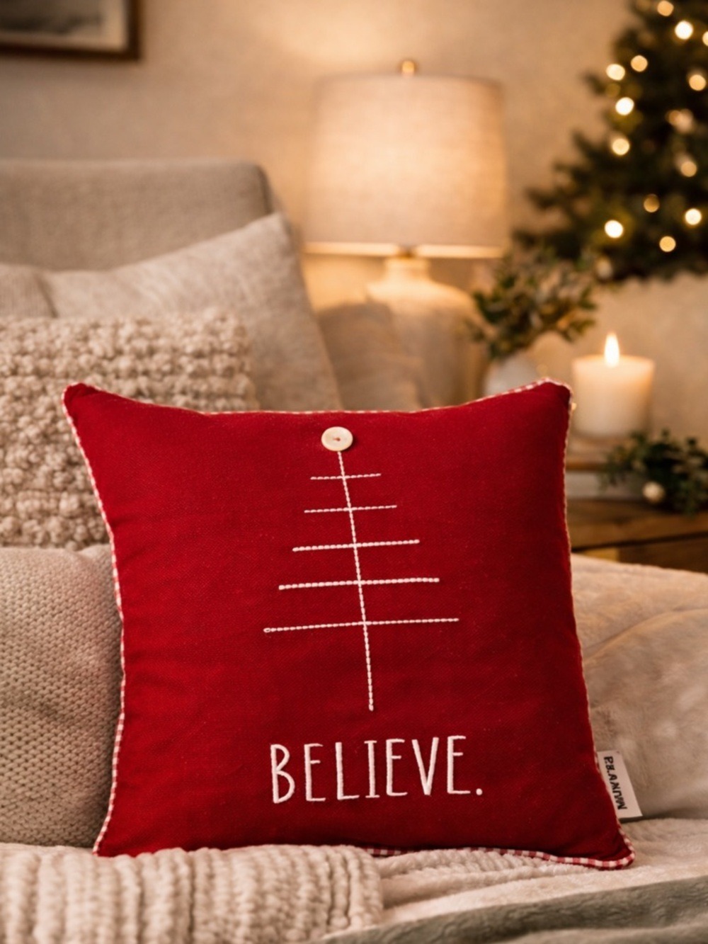 RAE DUNN BELIEVE CHRISTMAS PILLOW RED FARMHOUSE COTTAGE CABIN HOLIDAY DECOR 18”